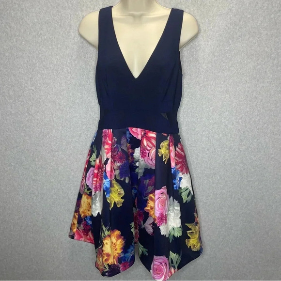 Xscape Solid Floral Deep V Neck Cut Out Fit and Flare - Picture 2 of 9